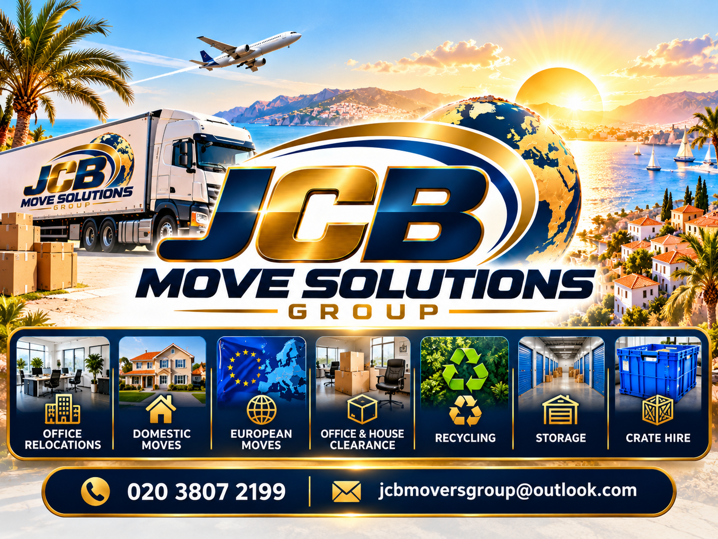 JCB Move Solutions Group navy and gold logo with moving lorry and office buildings